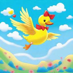 A high-quality digital art image showcasing a whimsical scene of a large, vibrant yellow duck in flight, carrying the beloved Hello Kitty on its back