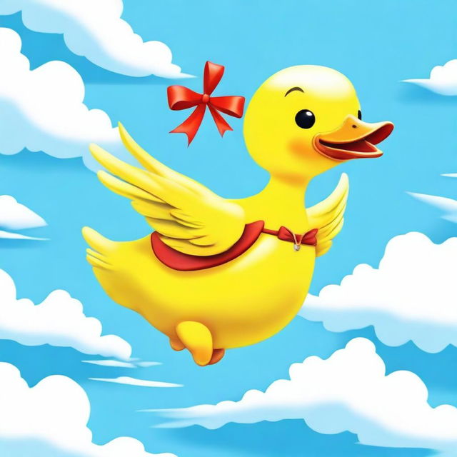 A high-quality digital art image showcasing a whimsical scene of a large, vibrant yellow duck in flight, carrying the beloved Hello Kitty on its back