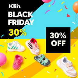A vibrant and eye-catching advertisement for a Black Friday sale featuring children's shoes from a Brazilian brand named Klin