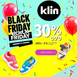 A vibrant and eye-catching advertisement for a Black Friday sale featuring children's shoes from a Brazilian brand named Klin