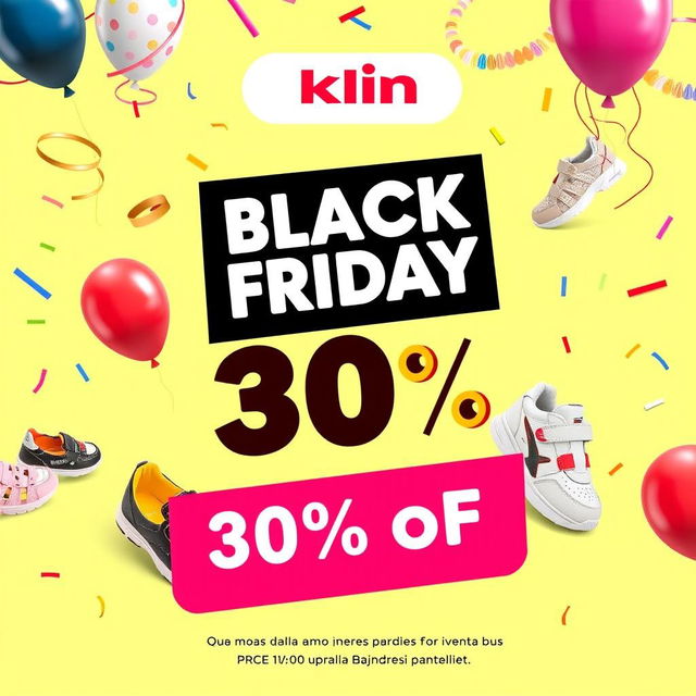 A vibrant and eye-catching advertisement for a Black Friday sale featuring children's shoes from a Brazilian brand named Klin