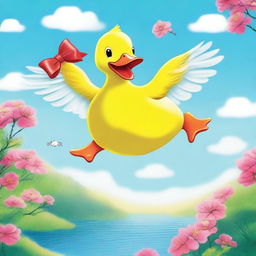 A high-quality digital art image showcasing a whimsical scene of a large, vibrant yellow duck in flight, carrying the beloved Hello Kitty on its back