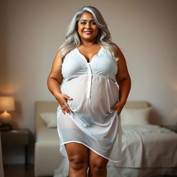 A 55-year-old Indian plus-size woman, radiating confidence and allure, wearing a short, transparent, and see-through white nightgown that elegantly reveals her figure