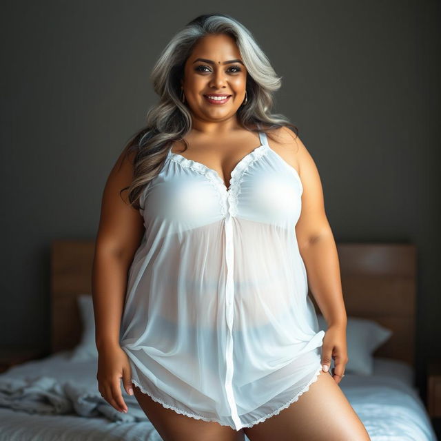 A 55-year-old Indian plus-size woman, radiating confidence and allure, wearing a short, transparent, and see-through white nightgown that elegantly reveals her figure