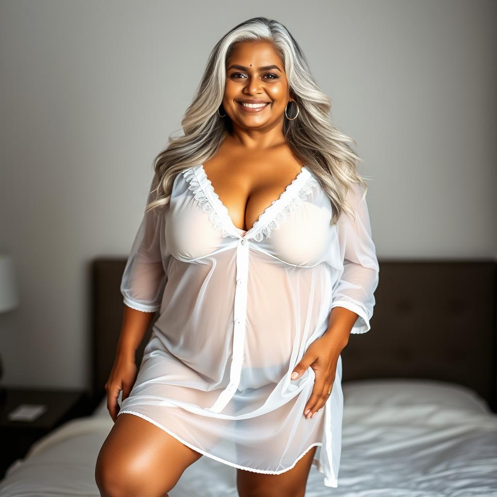 A 55-year-old Indian plus-size woman, radiating confidence and allure, wearing a short, transparent, and see-through white nightgown that elegantly reveals her figure