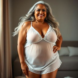 A 55-year-old Indian plus-size woman, radiating confidence and allure, wearing a short, transparent, and see-through white nightgown that elegantly reveals her figure