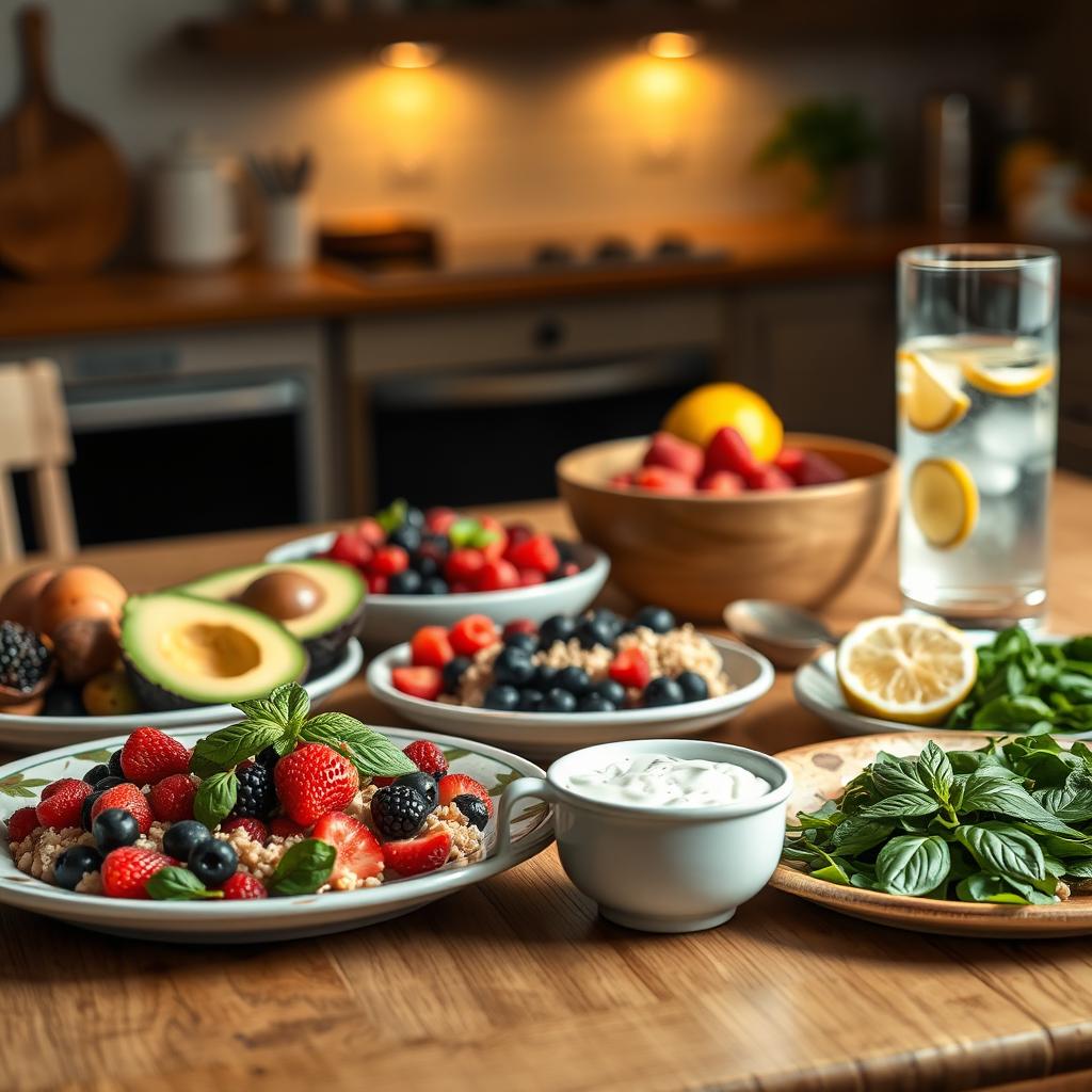 An enticing spread of healthy foods for people with diabetes arranged on a wooden table, showcasing colorful fruits and vegetables like avocados, berries, and spinach