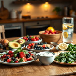 An enticing spread of healthy foods for people with diabetes arranged on a wooden table, showcasing colorful fruits and vegetables like avocados, berries, and spinach