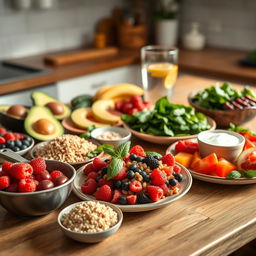 An enticing spread of healthy foods for people with diabetes arranged on a wooden table, showcasing colorful fruits and vegetables like avocados, berries, and spinach