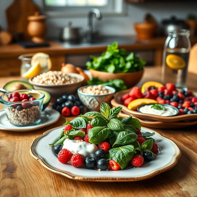 An enticing spread of healthy foods for people with diabetes arranged on a wooden table, showcasing colorful fruits and vegetables like avocados, berries, and spinach