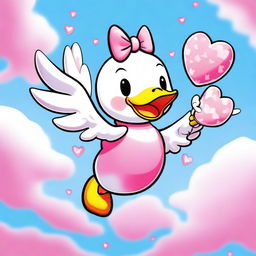 A high-quality digital art image of a large flying duck carrying Hello Kitty on its back