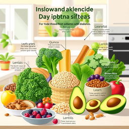 An informative illustration displaying various nutritious foods suitable for individuals with diabetes
