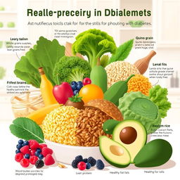 An informative illustration displaying various nutritious foods suitable for individuals with diabetes