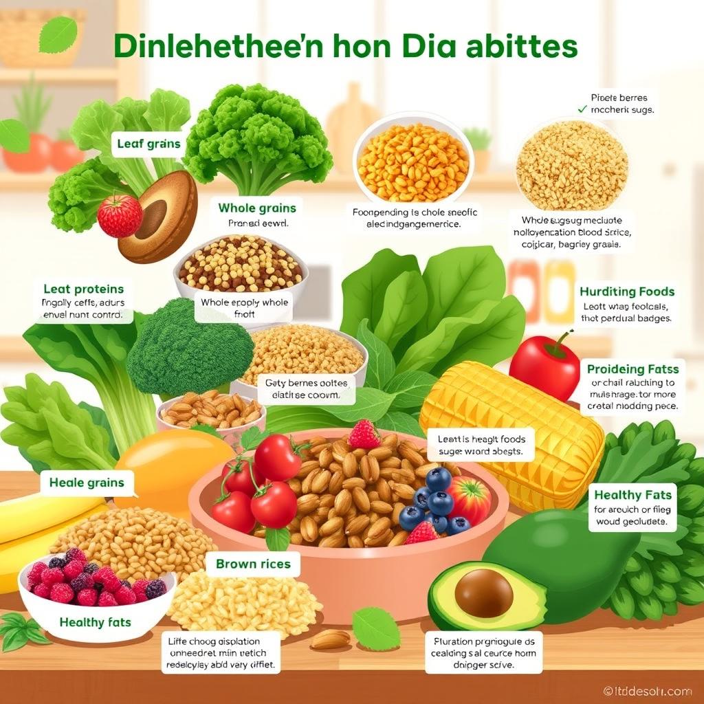 An informative illustration displaying various nutritious foods suitable for individuals with diabetes