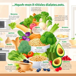An informative illustration displaying various nutritious foods suitable for individuals with diabetes