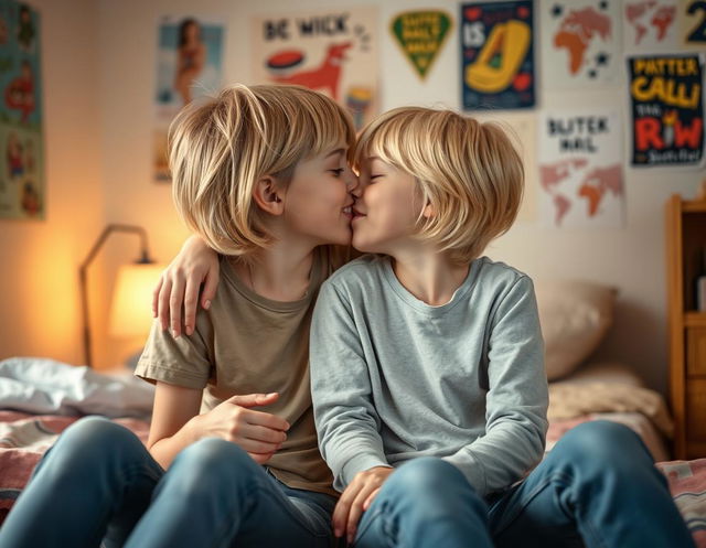 A photo-realistic image of two tween girls with short blonde hair, sitting closely together in a cozy dorm room