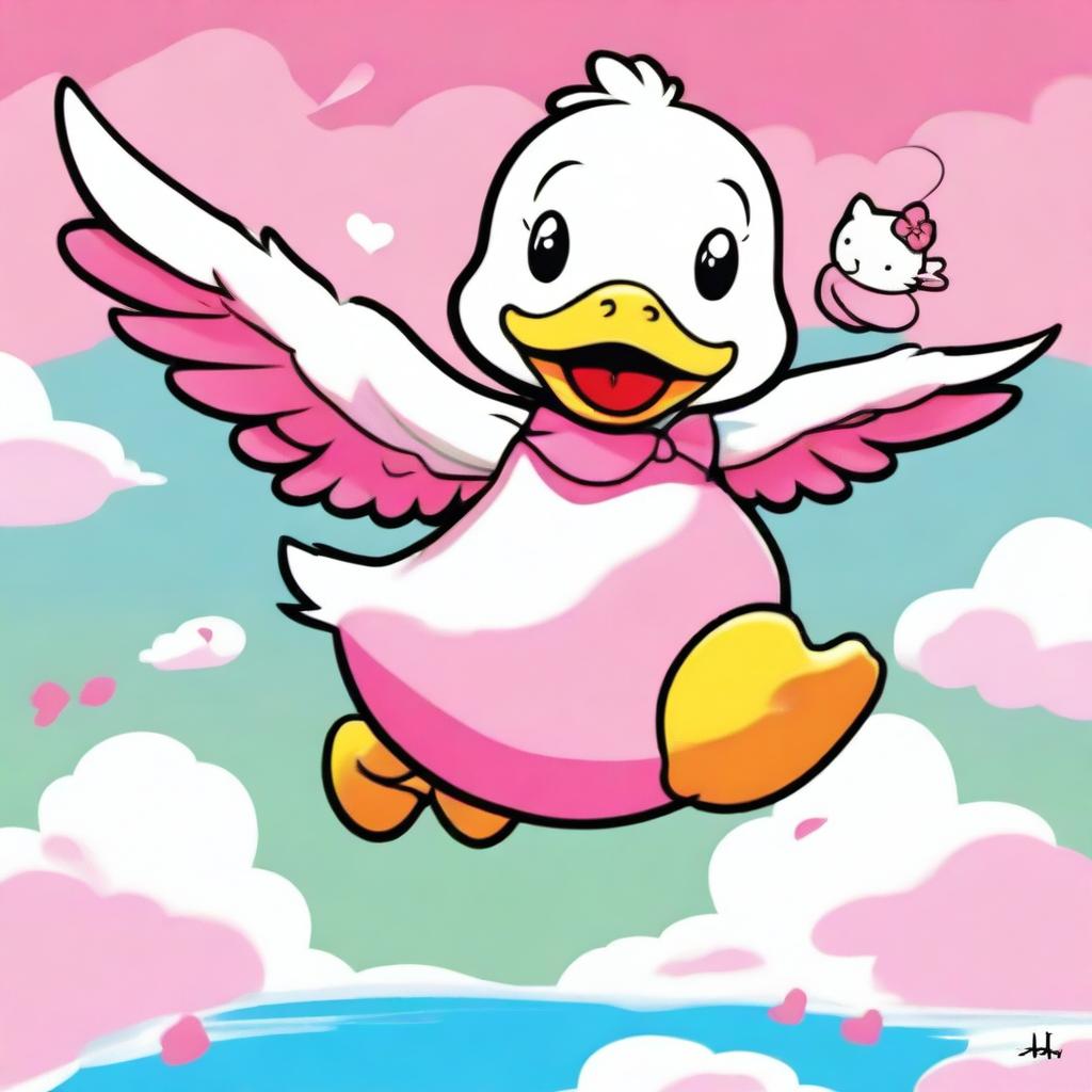 A high-quality digital art image of a large flying duck carrying Hello Kitty on its back