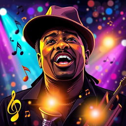 A vibrant and emotional tribute to the legacy of the musician Morgan, showcasing a stylized portrait of him with a powerful expression, surrounded by musical notes and instruments that represent his genre