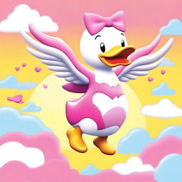 A high-quality digital art image of a large flying duck carrying Hello Kitty on its back