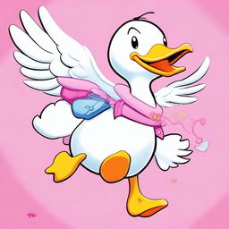 A high-quality digital art image of a large flying duck carrying Hello Kitty on its back