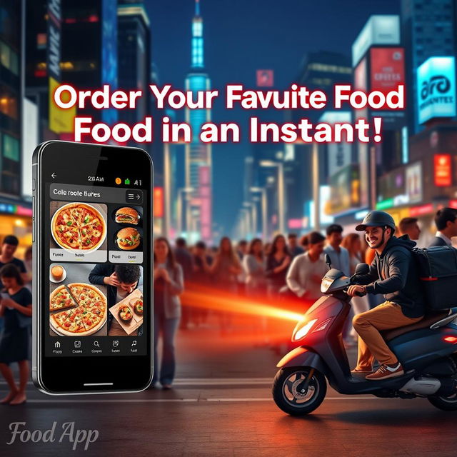 A captivating advertisement for a revolutionary mobile app called 'Food App', showcasing its sleek interface and user-friendly design