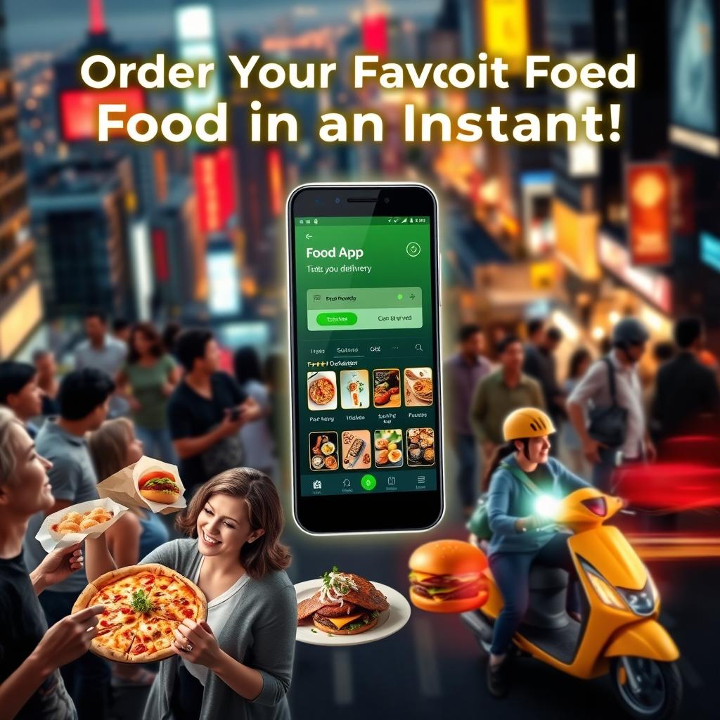 A captivating advertisement for a revolutionary mobile app called 'Food App', showcasing its sleek interface and user-friendly design