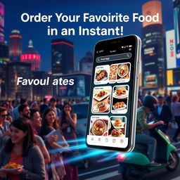 A captivating advertisement for a revolutionary mobile app called 'Food App', showcasing its sleek interface and user-friendly design