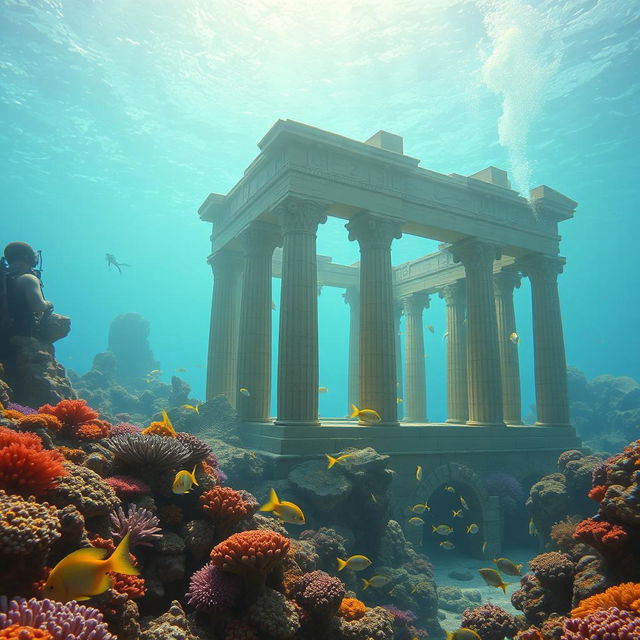 A surreal underwater scene depicting Persepolis, the ancient Persian city, beautifully submerged beneath the ocean