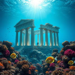 A surreal underwater scene depicting Persepolis, the ancient Persian city, beautifully submerged beneath the ocean