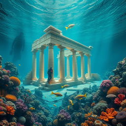 A surreal underwater scene depicting Persepolis, the ancient Persian city, beautifully submerged beneath the ocean