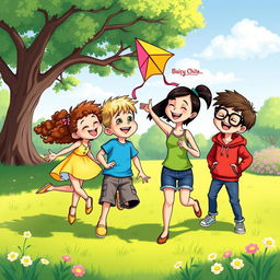 A vibrant and colorful cartoon scene featuring four children joyfully playing together in a sunny park