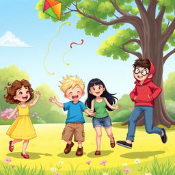 A vibrant and colorful cartoon scene featuring four children joyfully playing together in a sunny park