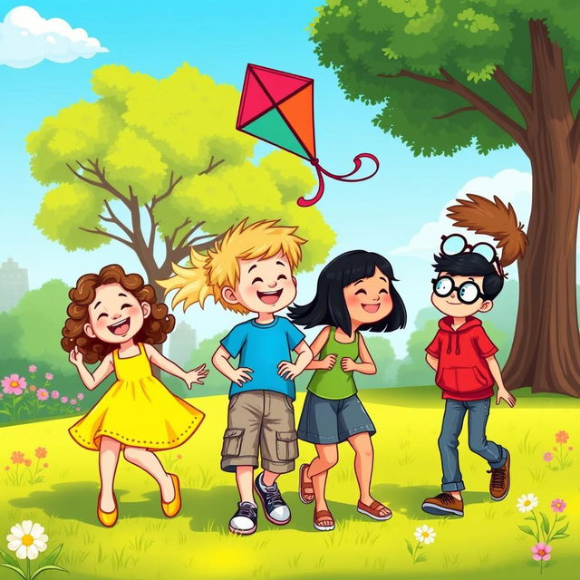 A vibrant and colorful cartoon scene featuring four children joyfully playing together in a sunny park