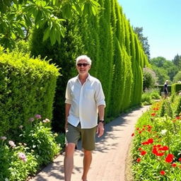 A man walking in a lush, vibrant garden filled with colorful flowers and greenery
