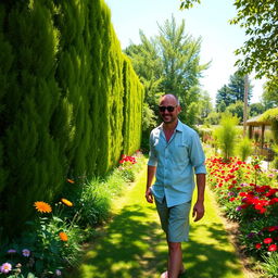 A man walking in a lush, vibrant garden filled with colorful flowers and greenery