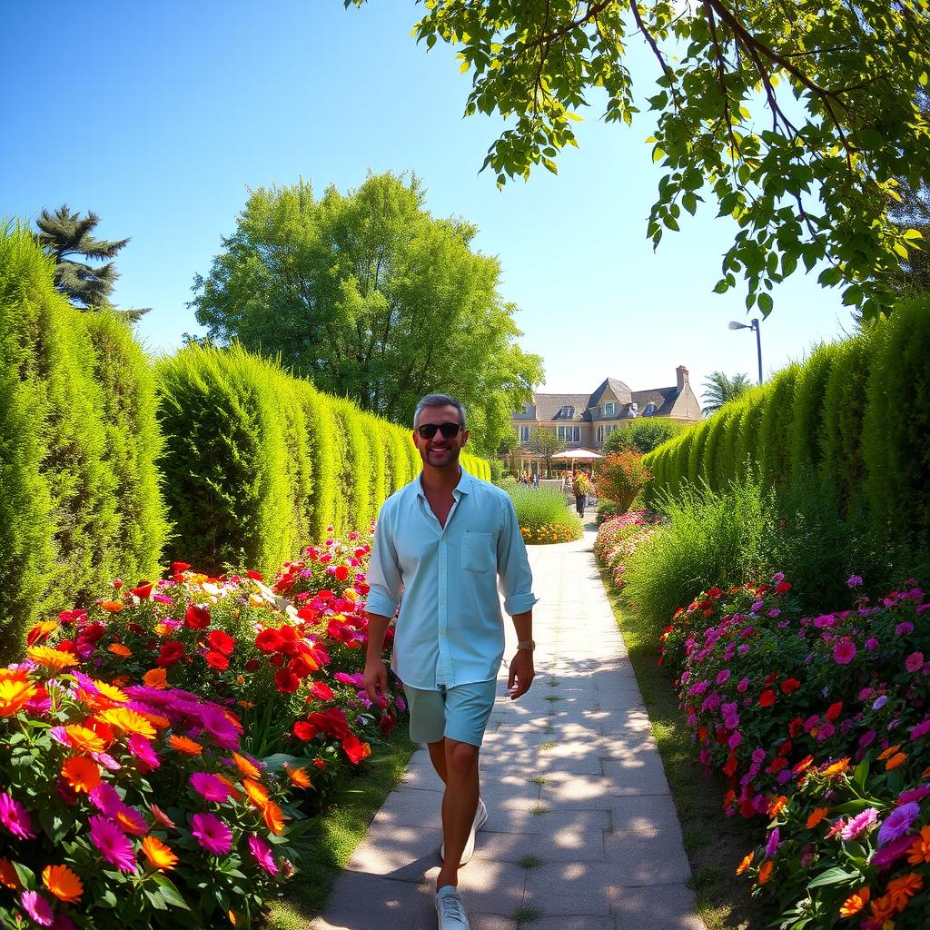 A man walking in a lush, vibrant garden filled with colorful flowers and greenery