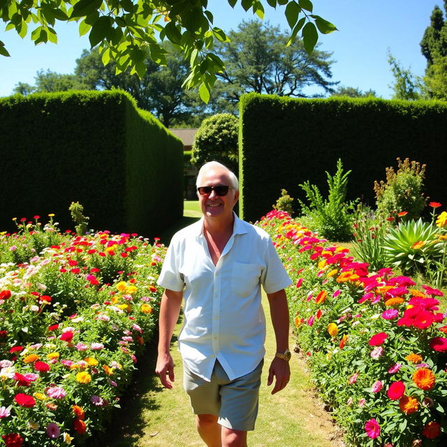 A man walking in a lush, vibrant garden filled with colorful flowers and greenery