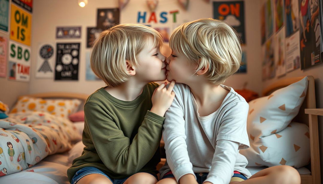 A photo-realistic image of two tween girls with short, blonde hair, sitting closely together in a cozy dorm room