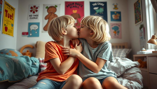 A photo-realistic image of two tween girls with short, blonde hair, sitting closely together in a cozy dorm room