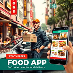 A captivating advertisement for an incredible mobile app called 'Food App', featuring a tall, handsome delivery guy confidently delivering delicious food