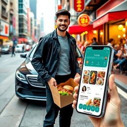 A captivating advertisement for an incredible mobile app called 'Food App', featuring a tall, handsome delivery guy confidently delivering delicious food