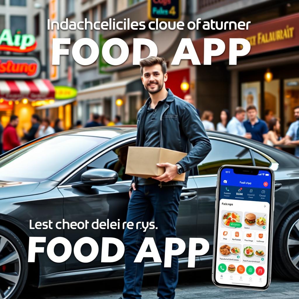 A captivating advertisement for an incredible mobile app called 'Food App', featuring a tall, handsome delivery guy confidently delivering delicious food