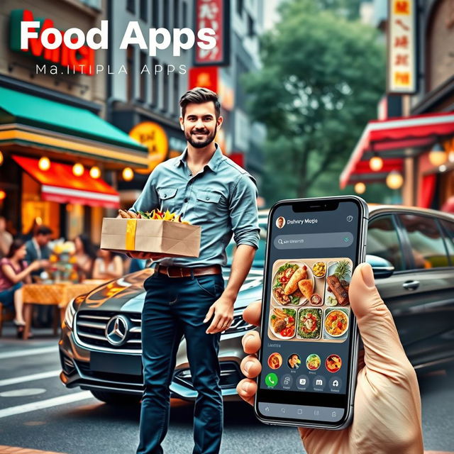 A captivating advertisement for an incredible mobile app called 'Food App', featuring a tall, handsome delivery guy confidently delivering delicious food