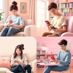 A whimsical scene featuring five students in different locations, each engrossed in their phones while texting one another