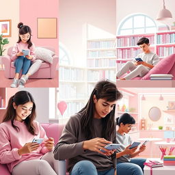 A whimsical scene featuring five students in different locations, each engrossed in their phones while texting one another