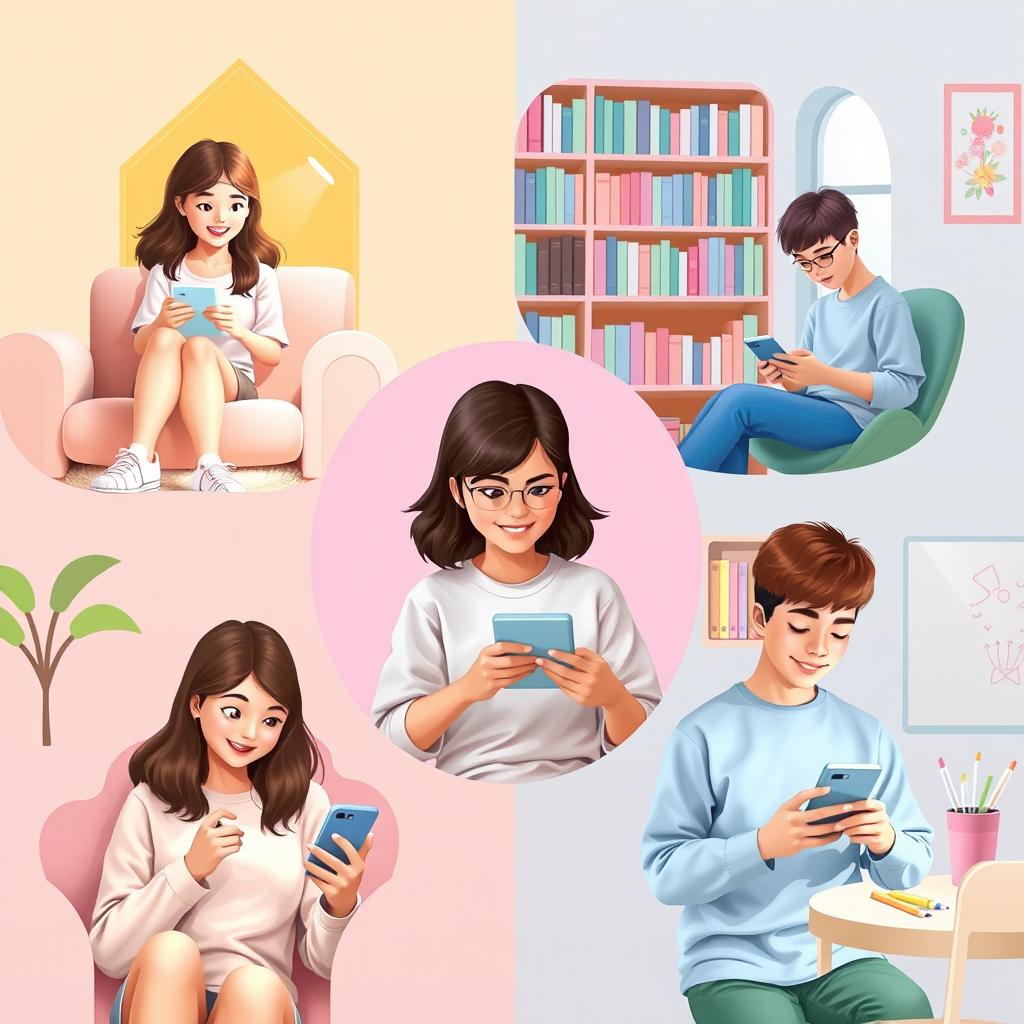 A whimsical scene featuring five students in different locations, each engrossed in their phones while texting one another