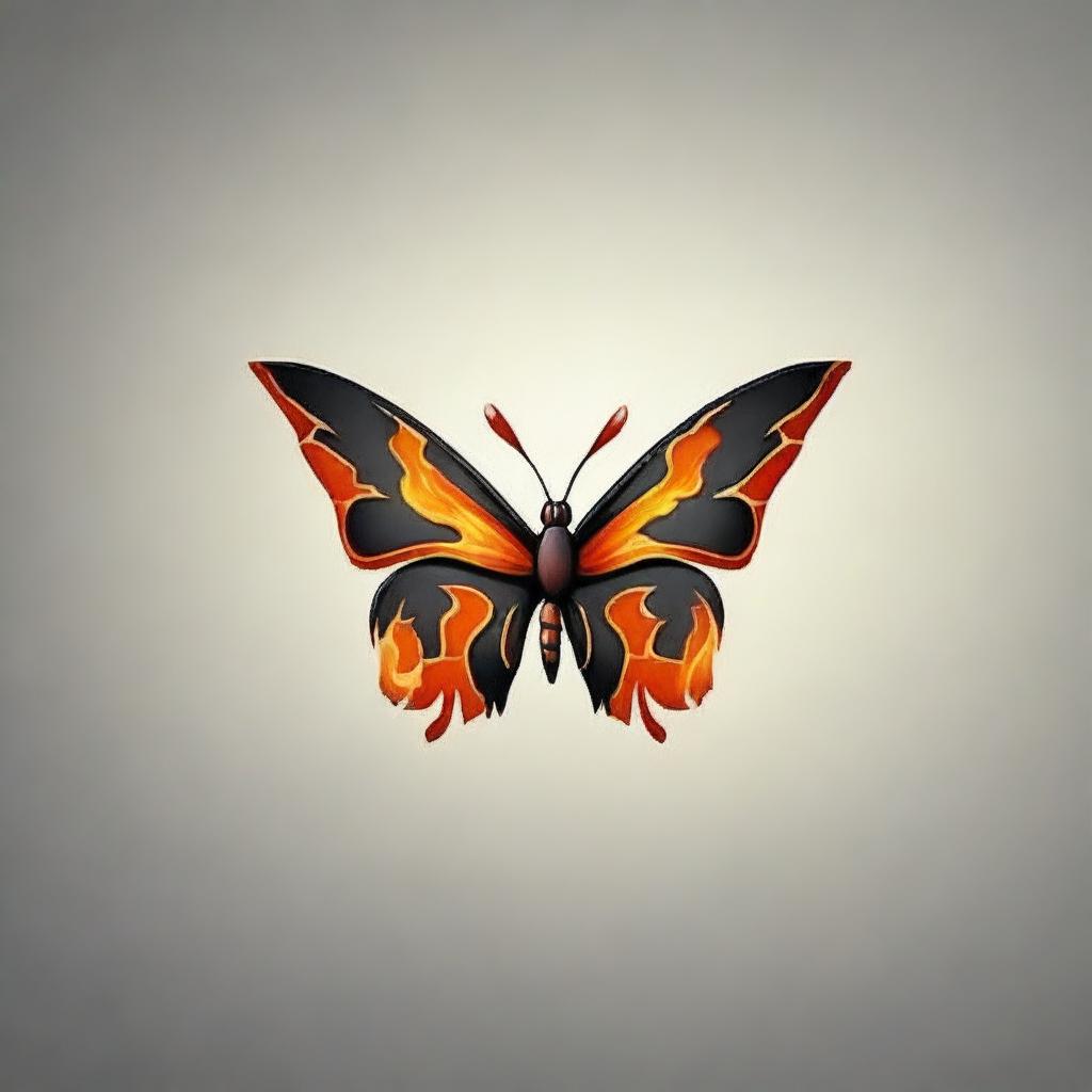 A high-quality, cinematic logo featuring a butterfly composed of realistic flames, rendered in a realistic style.