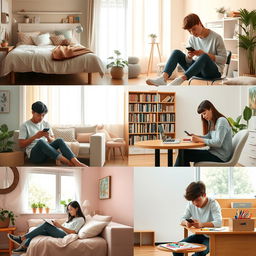 A split scene showing five different students in various environments, all engaged in texting on their phones