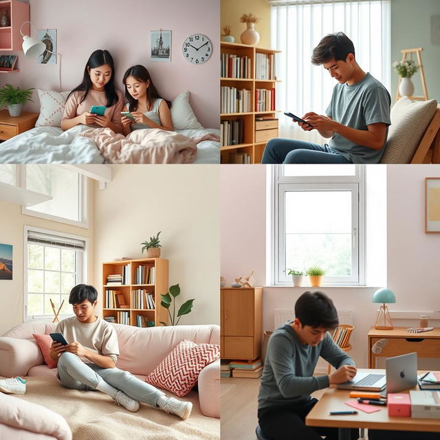 A split scene showing five different students in various environments, all engaged in texting on their phones