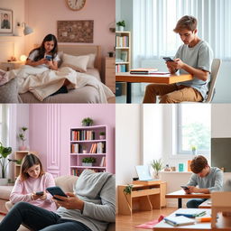 A split scene showing five different students in various environments, all engaged in texting on their phones